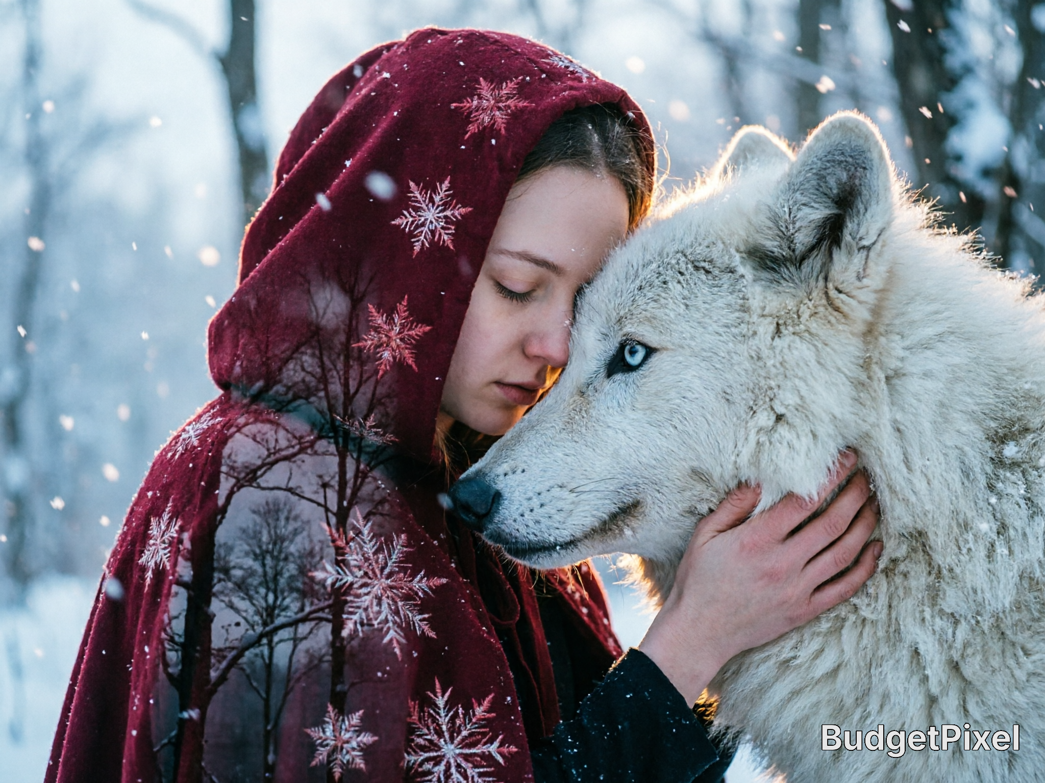 Young woman in a red snowflake-patterned hooded cloak gently touching a white wolf in a snowy forest.