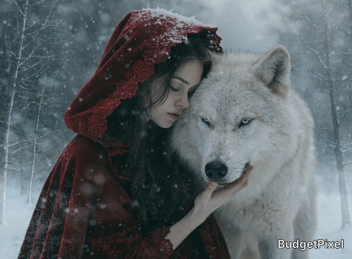 A woman in a red hooded cloak gently touches a white wolf in a snowy forest.