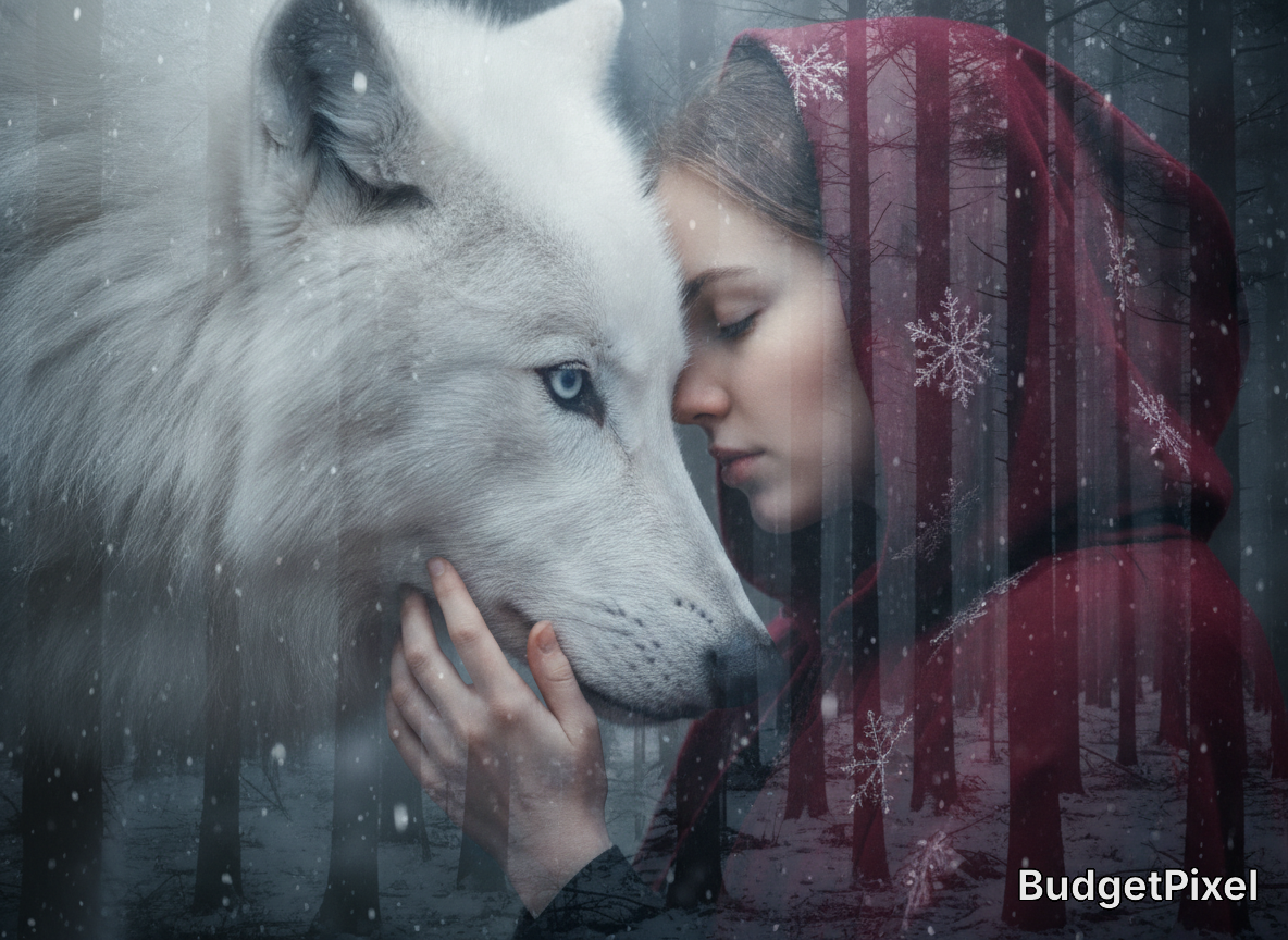 Woman in a red hood tenderly touching a white wolf in a snowy forest