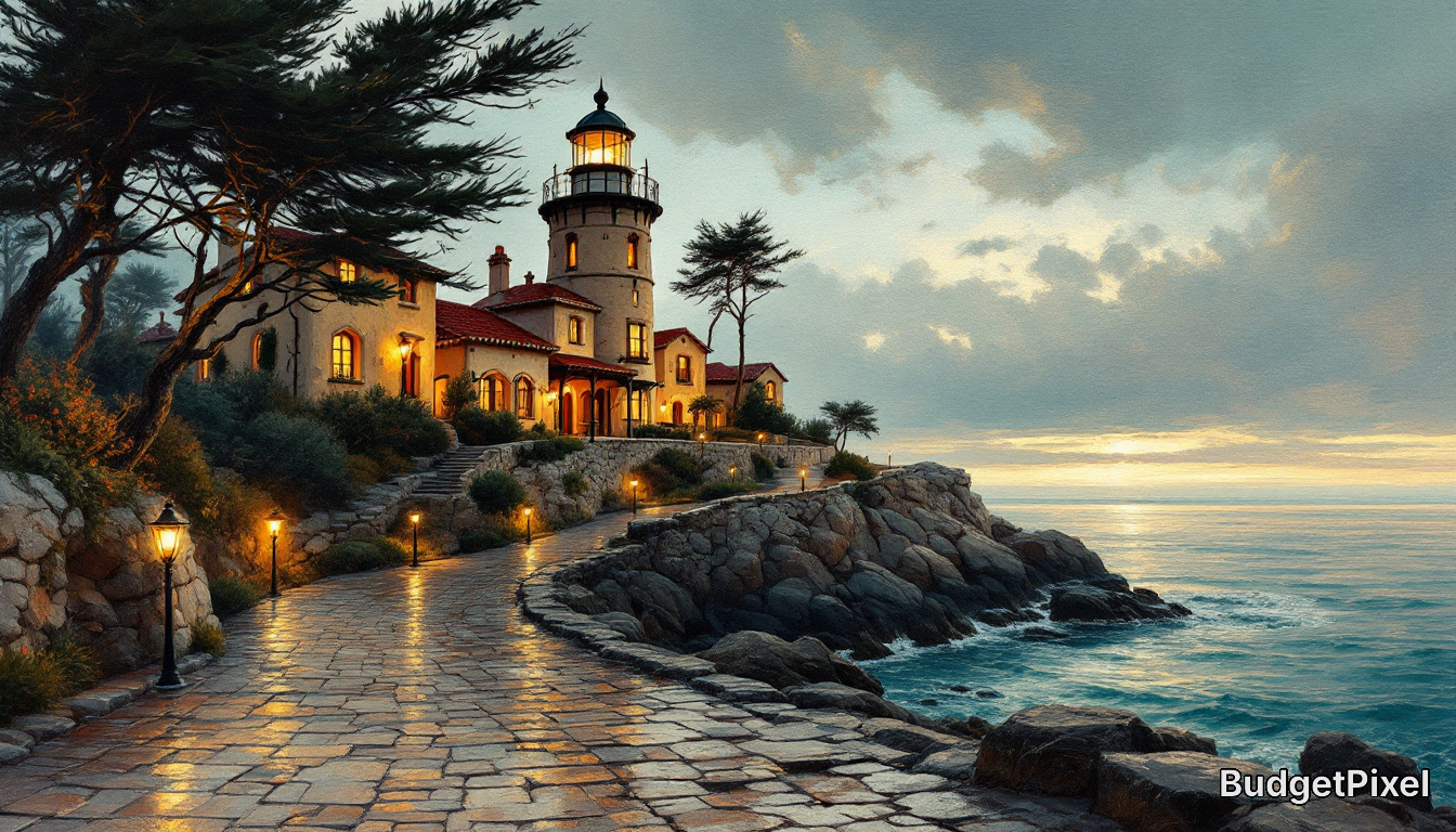 Lit stone lighthouse and attached coastal cottages at dusk on a rocky cliff, with a cobblestone path leading to the ocean.
