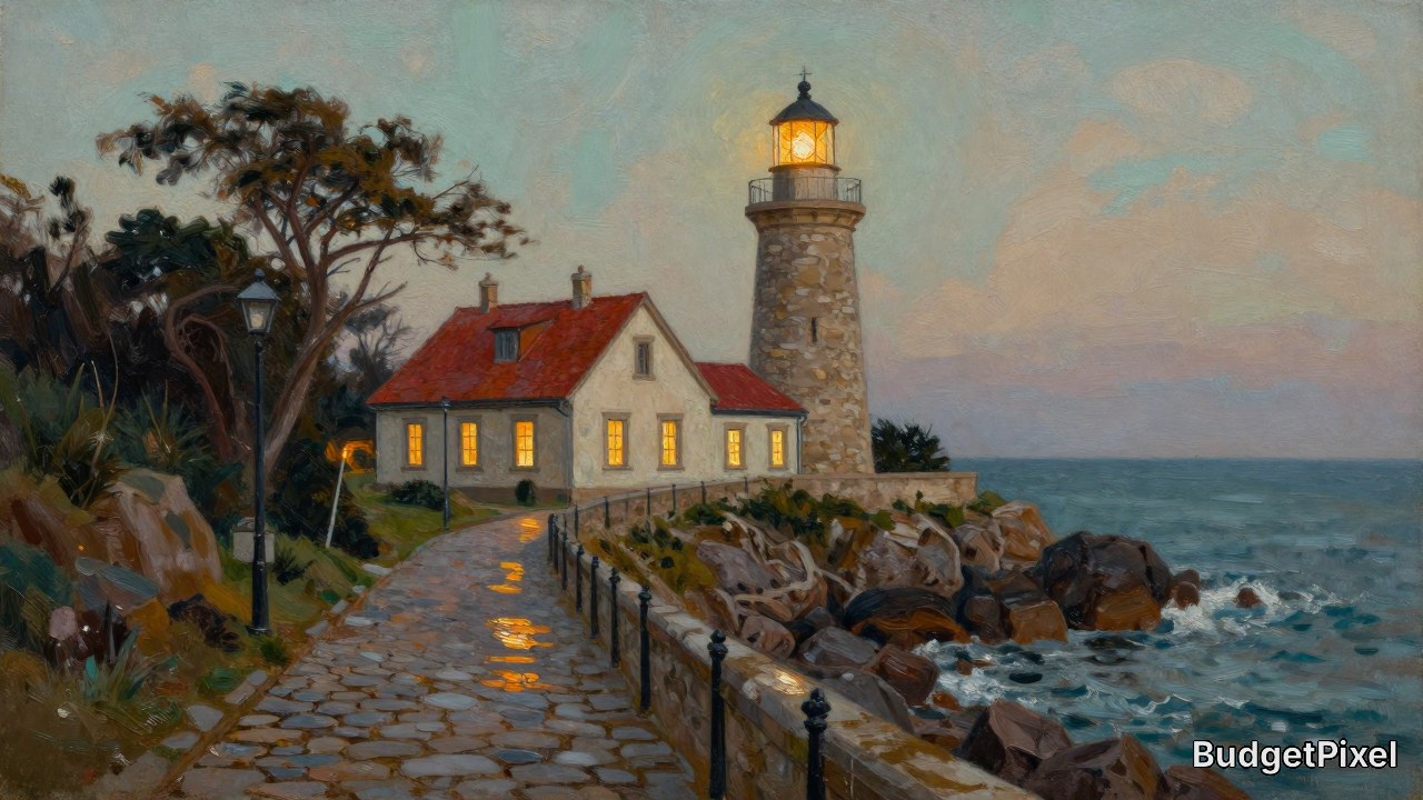 Impressionist oil painting of a lit stone coastal lighthouse and red-roofed keeper's cottage on a rocky ocean shore at twi...
