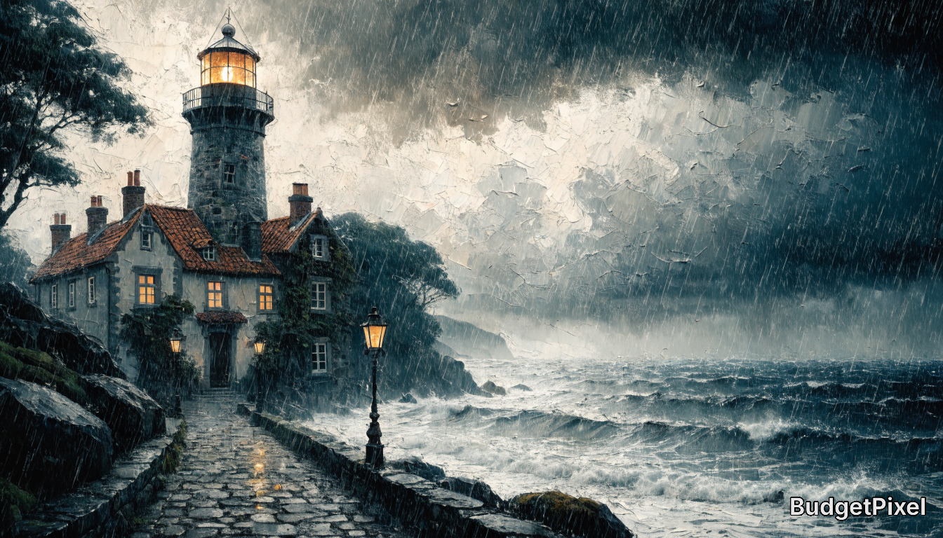 Textured oil-style painting of a lit stone coastal lighthouse and cottage during a heavy storm, with crashing ocean waves ...