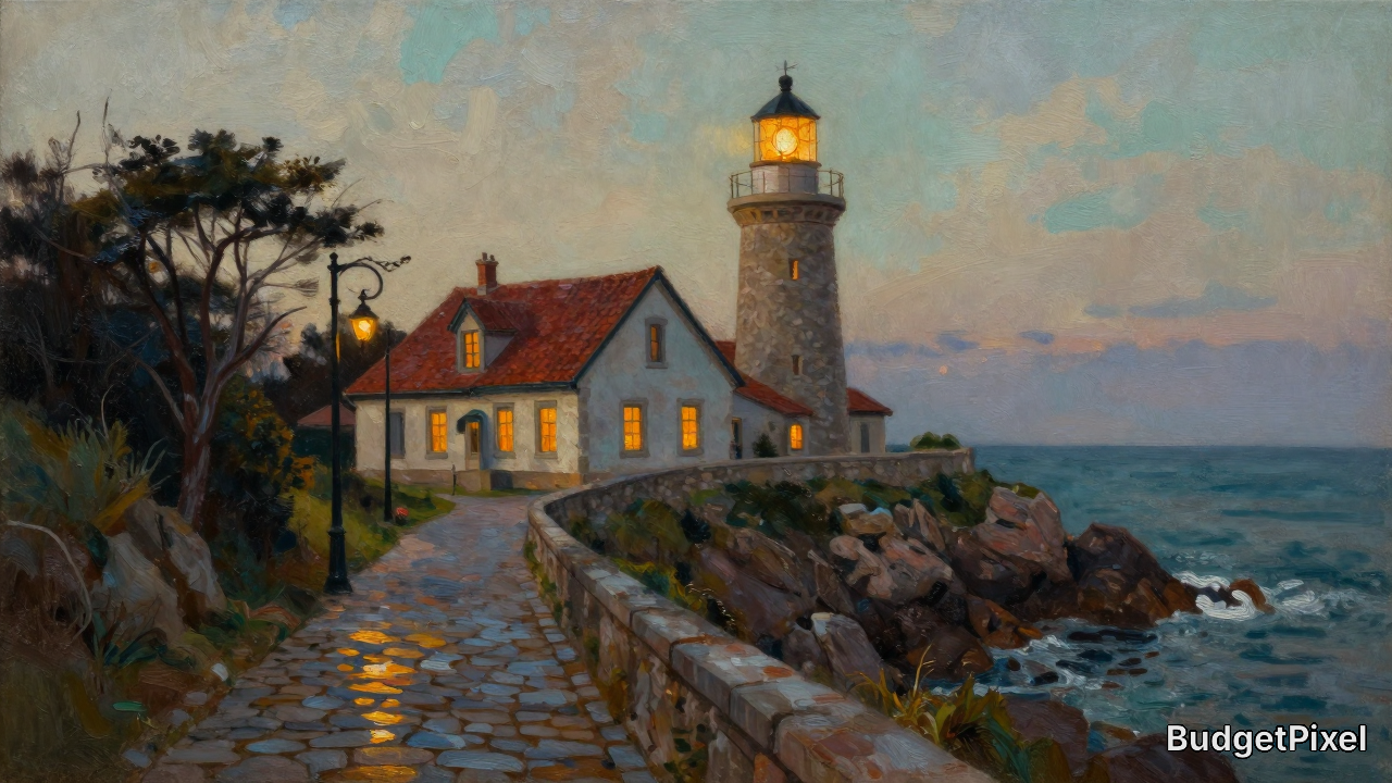 Impressionist oil painting of a glowing stone coastal lighthouse and cottage on a rocky ocean cliff at twilight with warm ...