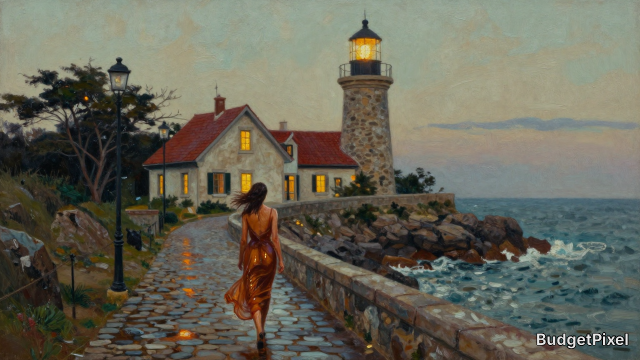 Impressionist oil painting of a woman in a bronze gown walking toward a glowing coastal lighthouse on a rocky dusk ocean s...
