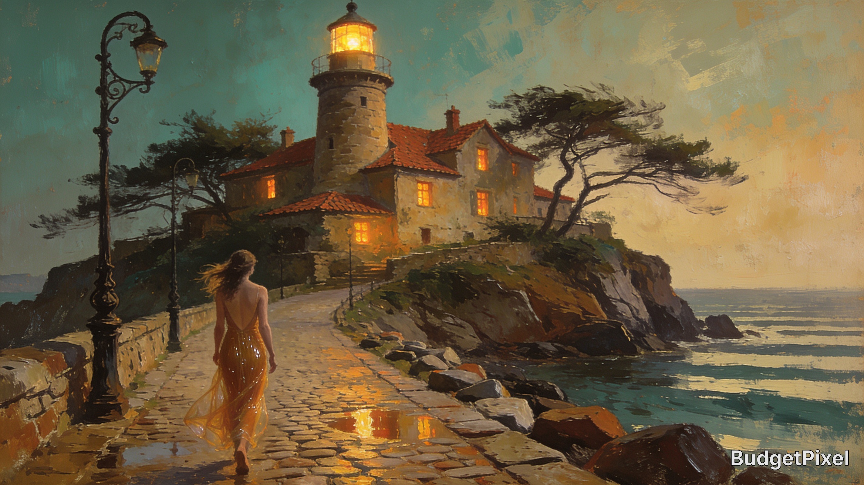 Oil painting of a woman in a golden gown walking a cobblestone coastal path toward a glowing stone lighthouse at dusk.