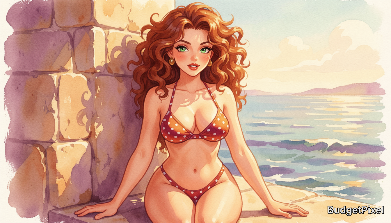 Watercolor anime-style woman with curly auburn hair in a polka dot bikini leaning on a coastal stone wall overlooking the ...