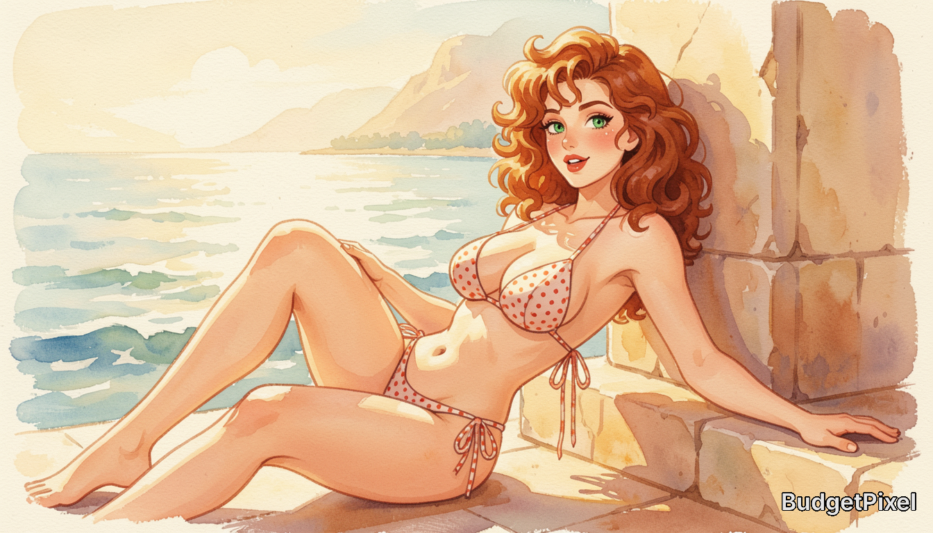 Watercolor anime pinup woman with curly red hair in a polka dot bikini relaxing on a sunlit coastal stone seaside ledge