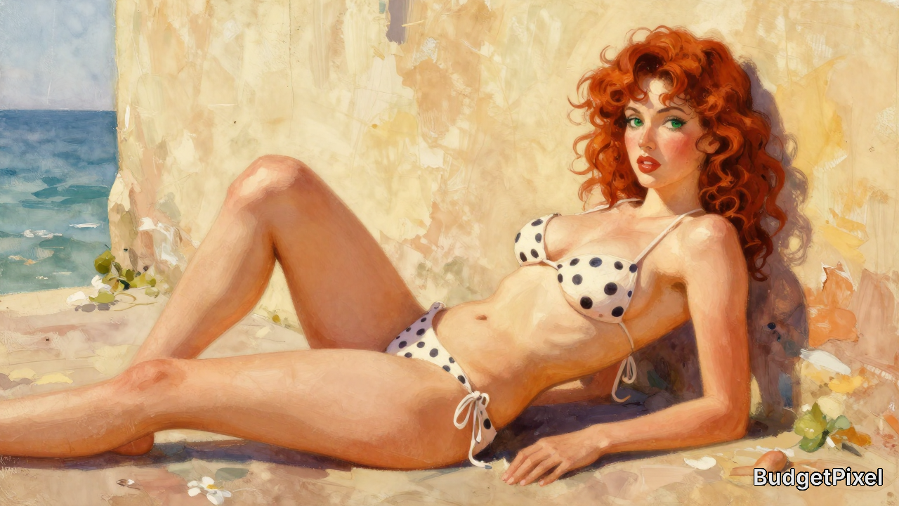 Vintage pin-up style painting of a curly red-haired woman in a polka dot bikini reclining on a sunny coastal beach.