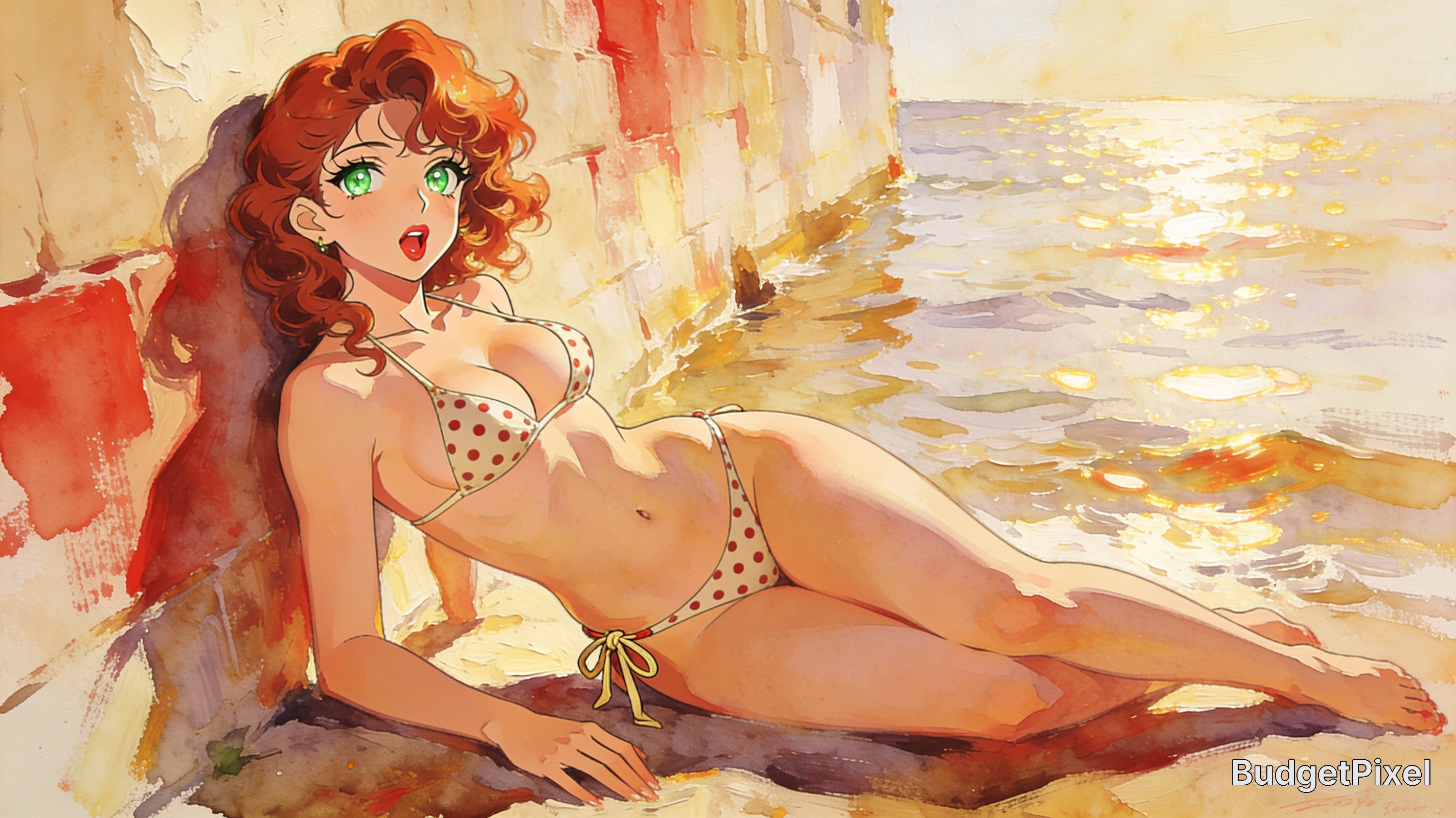 "Retro anime girl with curly red hair and green eyes in a polka dot bikini reclining on a sunlit seaside stone wall overlo...