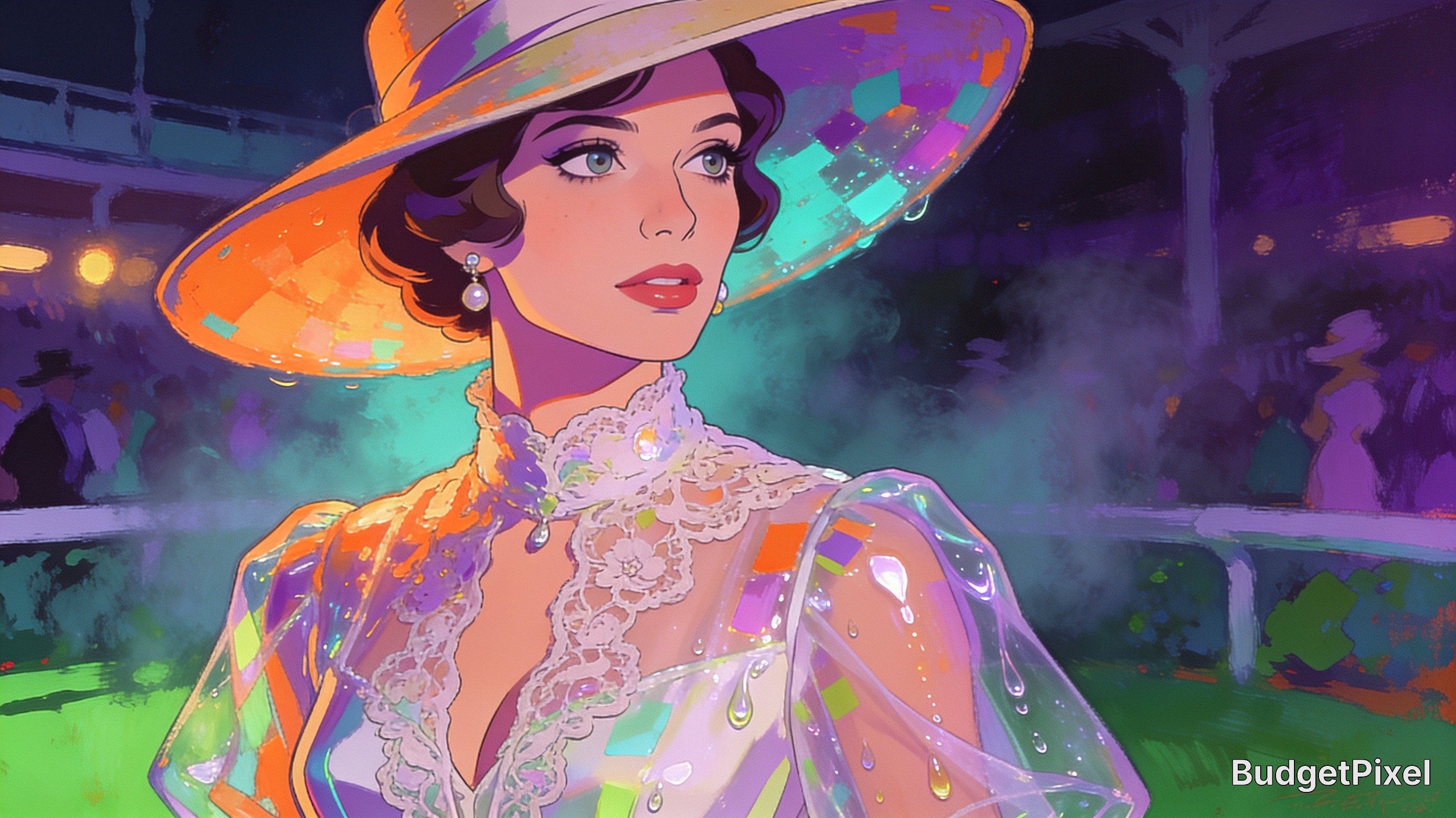 Stylized digital illustration of an elegant woman in a large iridescent hat and vintage lace dress at a twilight racetrack...