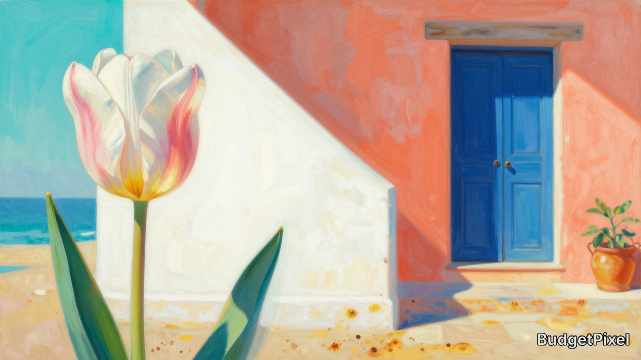 Impressionist oil painting of a large pink-striped white tulip, with a colorful Mediterranean beach house and ocean backdrop.