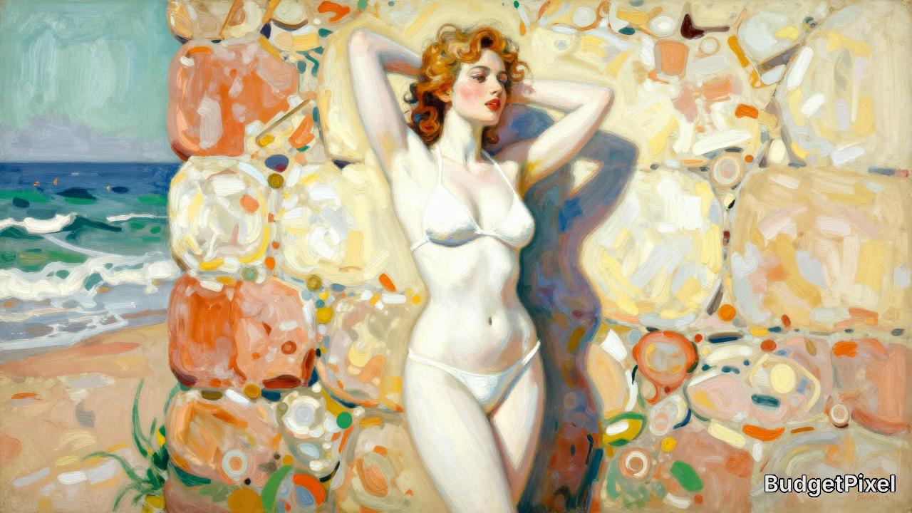 Impressionist oil painting of a redheaded woman in a white bikini posing against colorful coastal rocks beside a sunny oce...