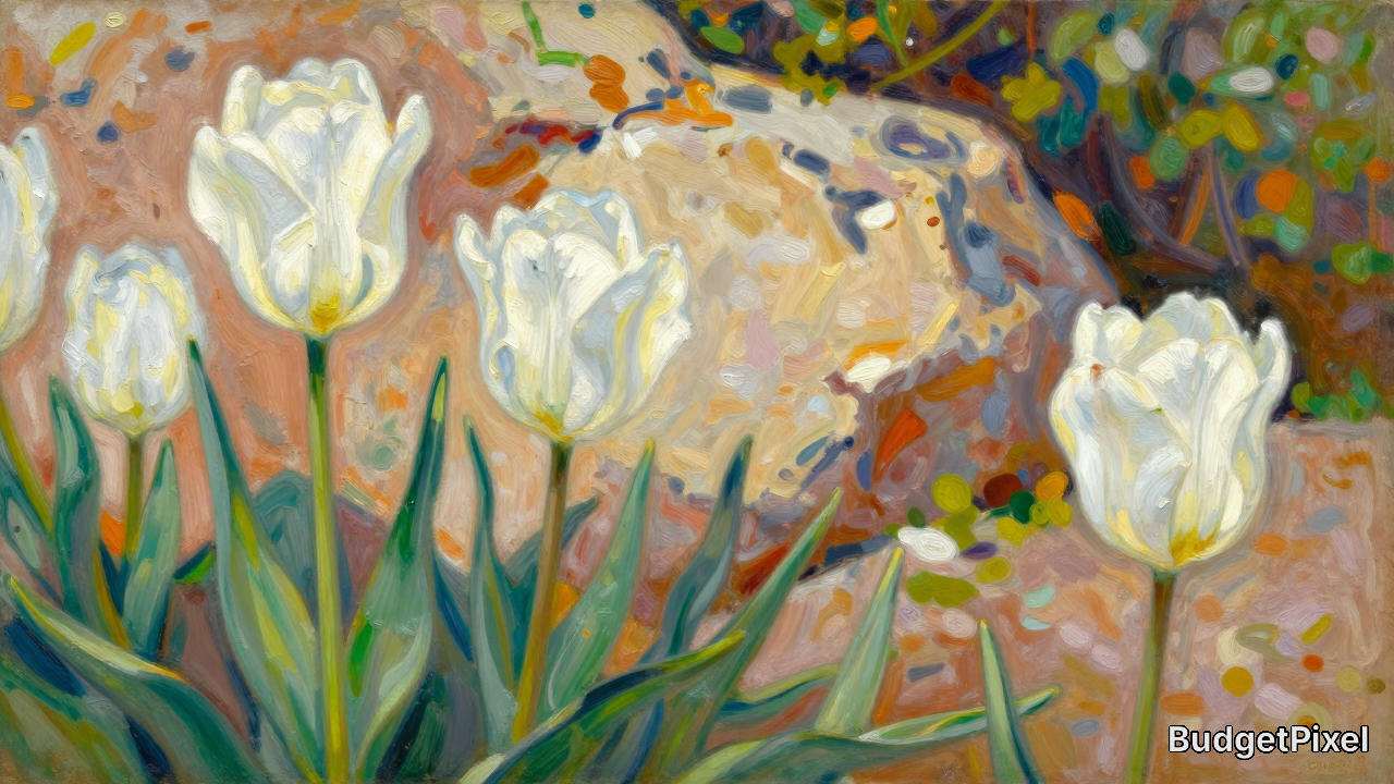 Impressionist oil painting of bright white garden tulips with green stems, set against a textured rock and warm dotted gar...