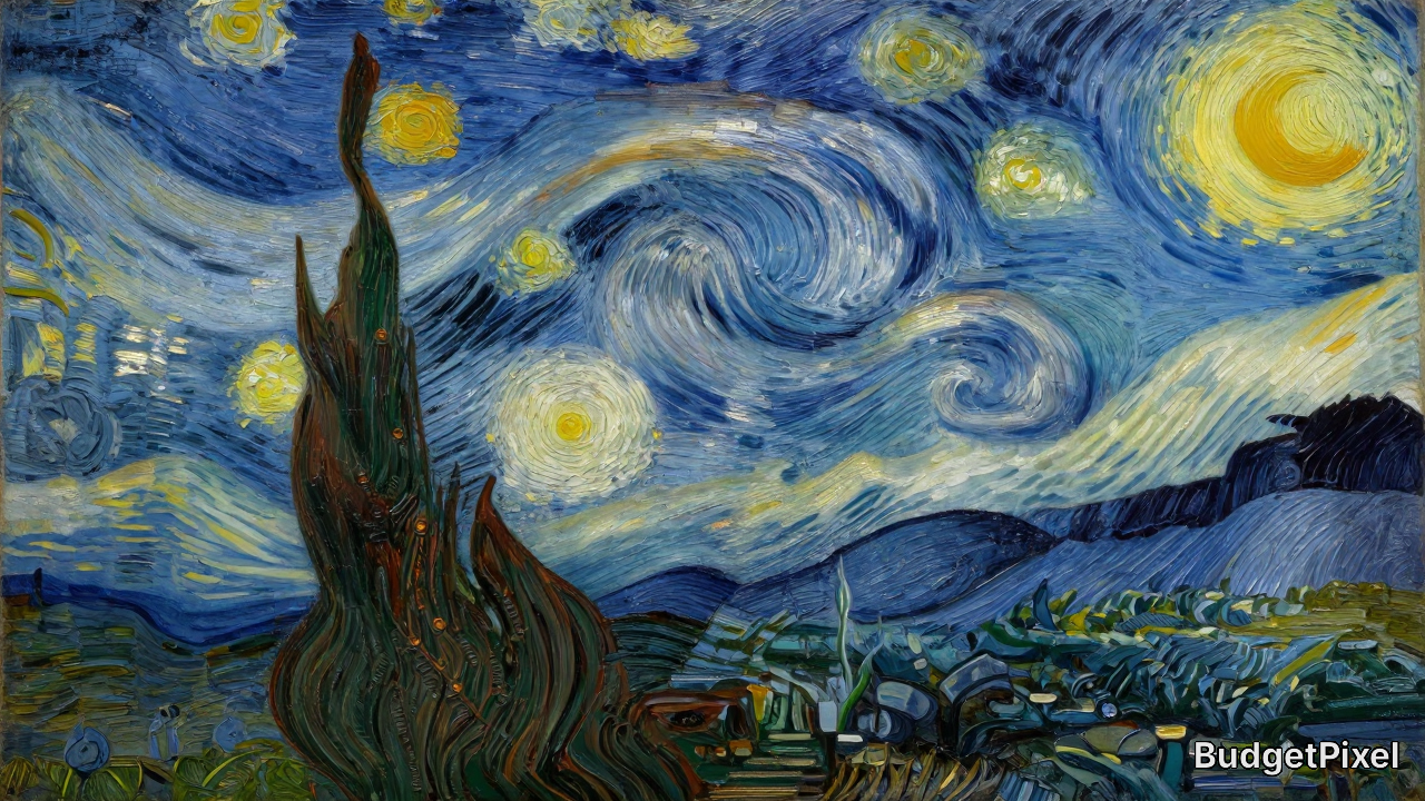 Vincent van Gogh’s iconic post-impressionist painting The Starry Night, featuring a swirling night sky, cypress tree, an...