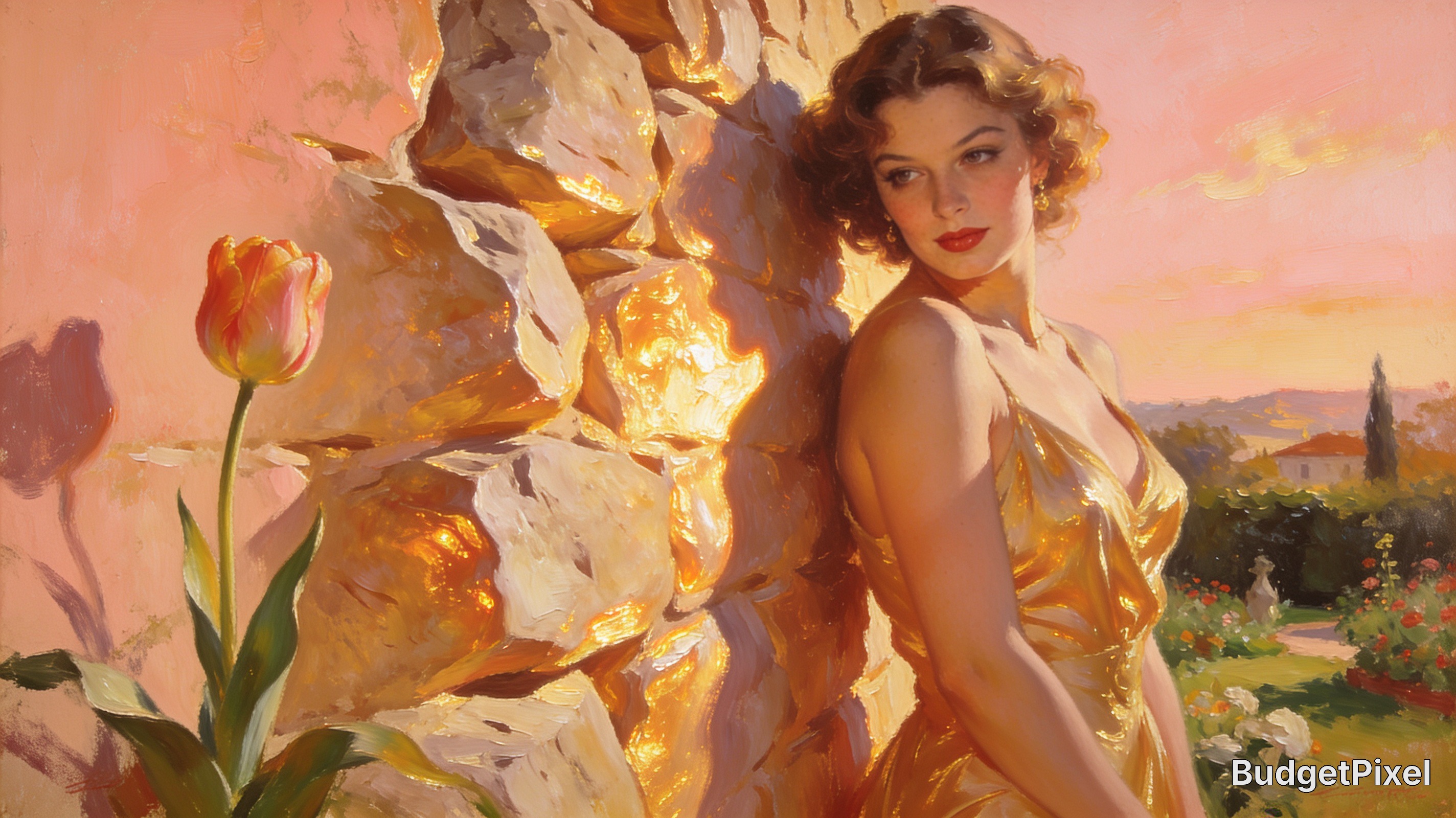 Oil painting of a woman in a golden gown leaning against a sunlit stone wall in a blooming garden at sunset, with an orang...