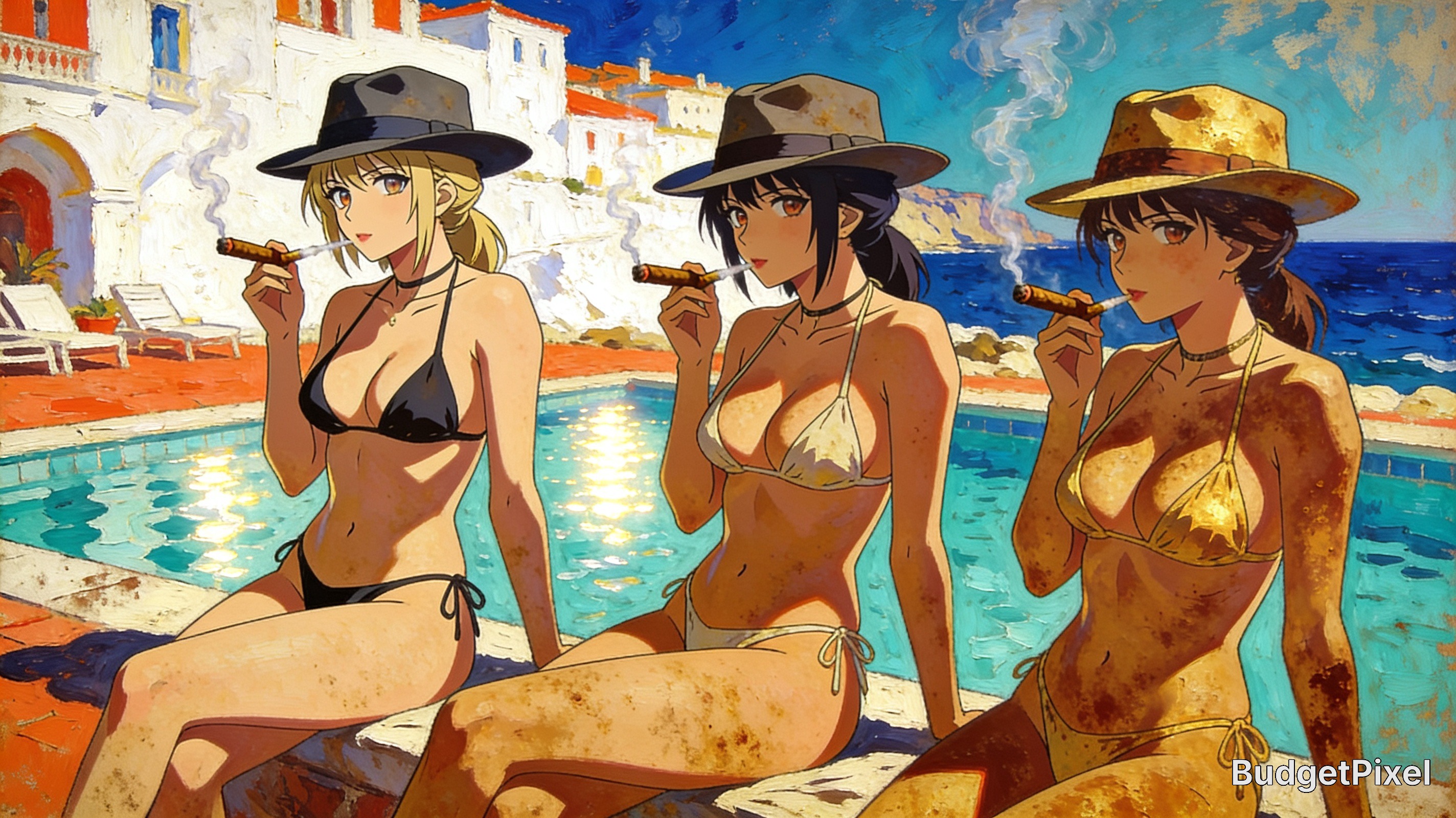 Three anime women in bikinis and fedoras smoke cigars while sitting poolside at a Mediterranean coastal villa overlooking ...