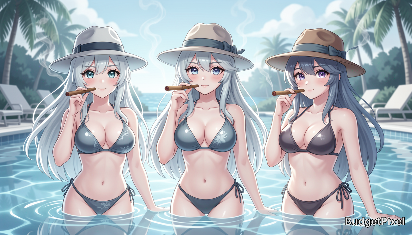 Anime-style illustration of three bikini-clad girls in fedoras holding cigars, standing waist-deep in a tropical resort sw...