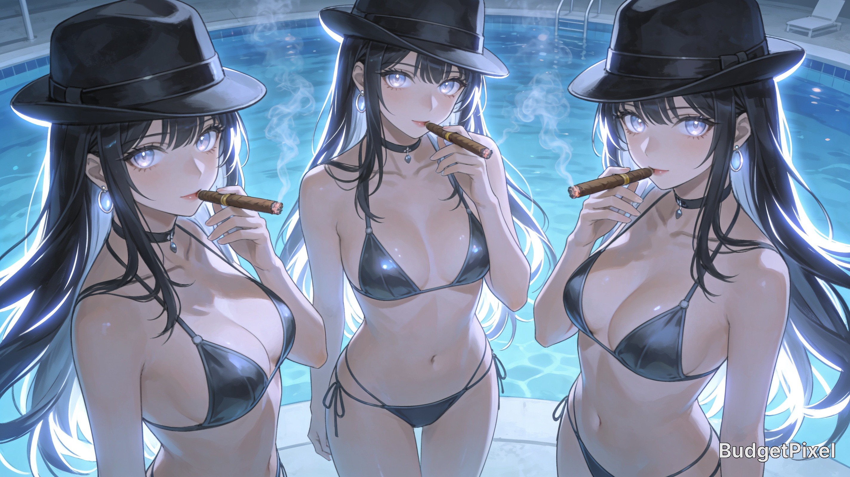 Three identical anime women in black fedoras and bikinis smoke cigars while standing beside an illuminated night swimming ...