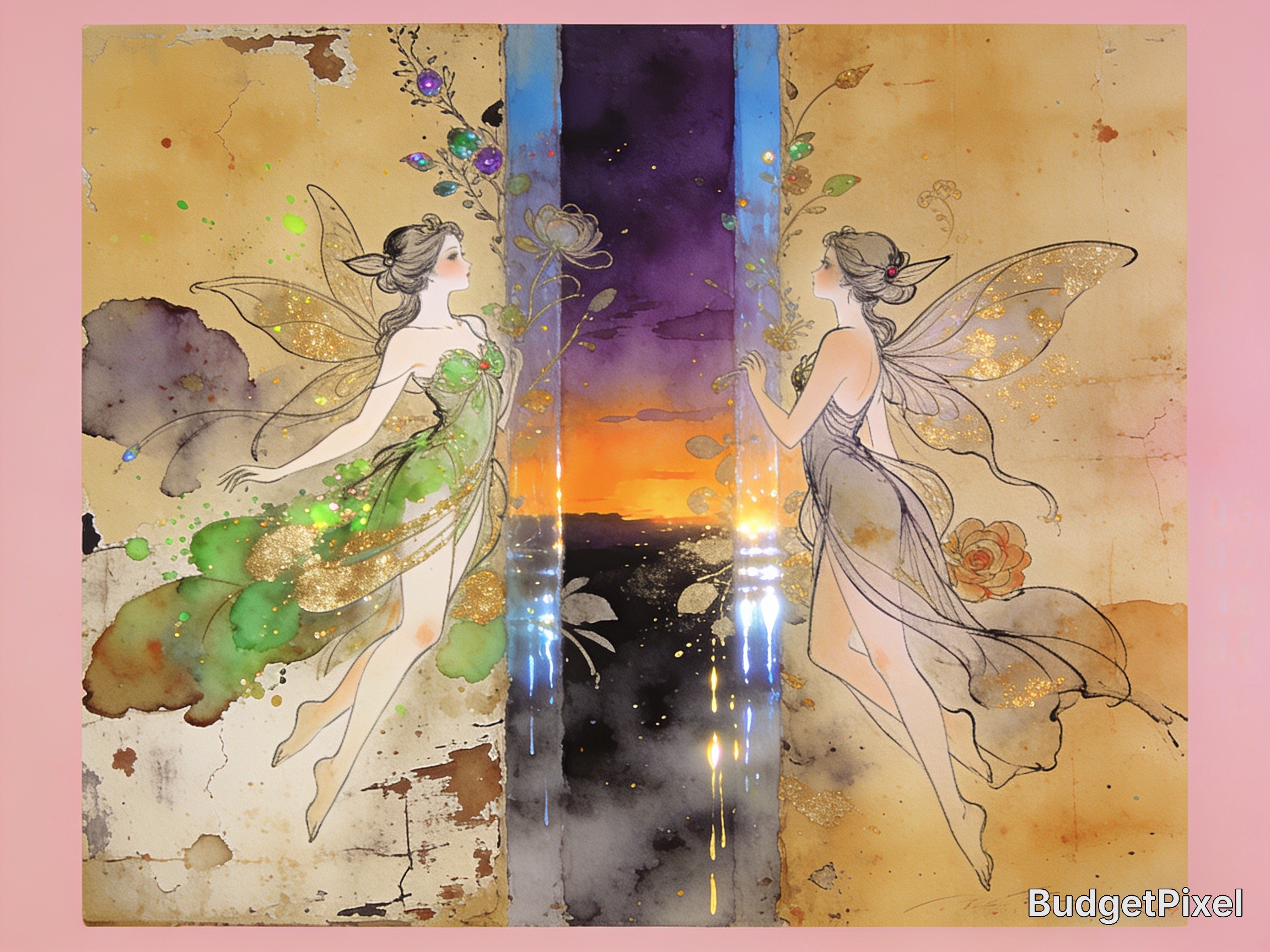 Mixed media fantasy art of two winged fairies facing a glowing sunset portal, painted on aged vintage paper with gold glit...