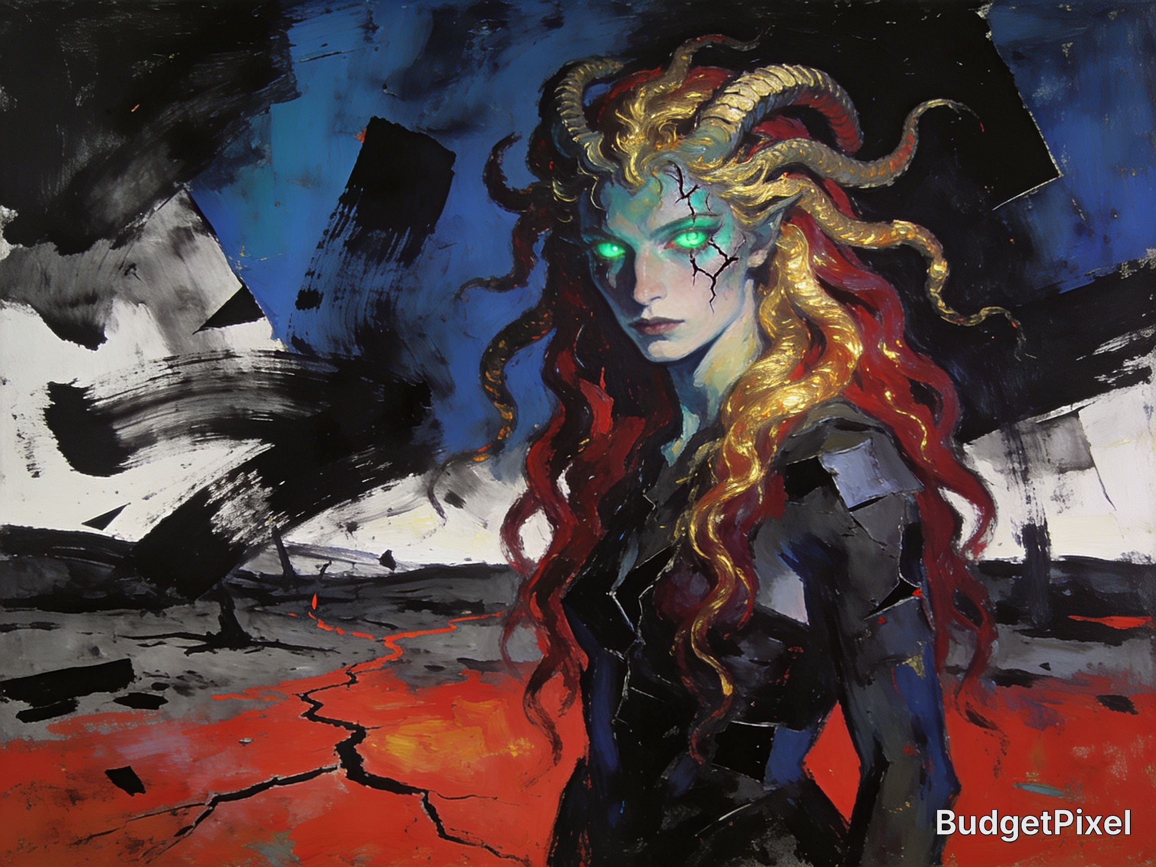 Expressionist fantasy painting of horned gorgon-like woman with glowing green eyes in a cracked hellscape