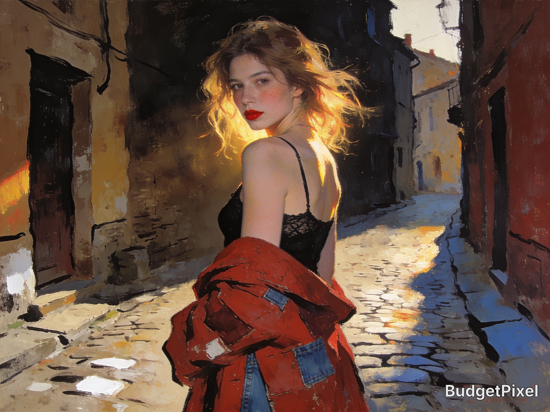 Impressionist oil painting of a young woman looking over her shoulder in a sunlit old cobblestone European alley at golden...