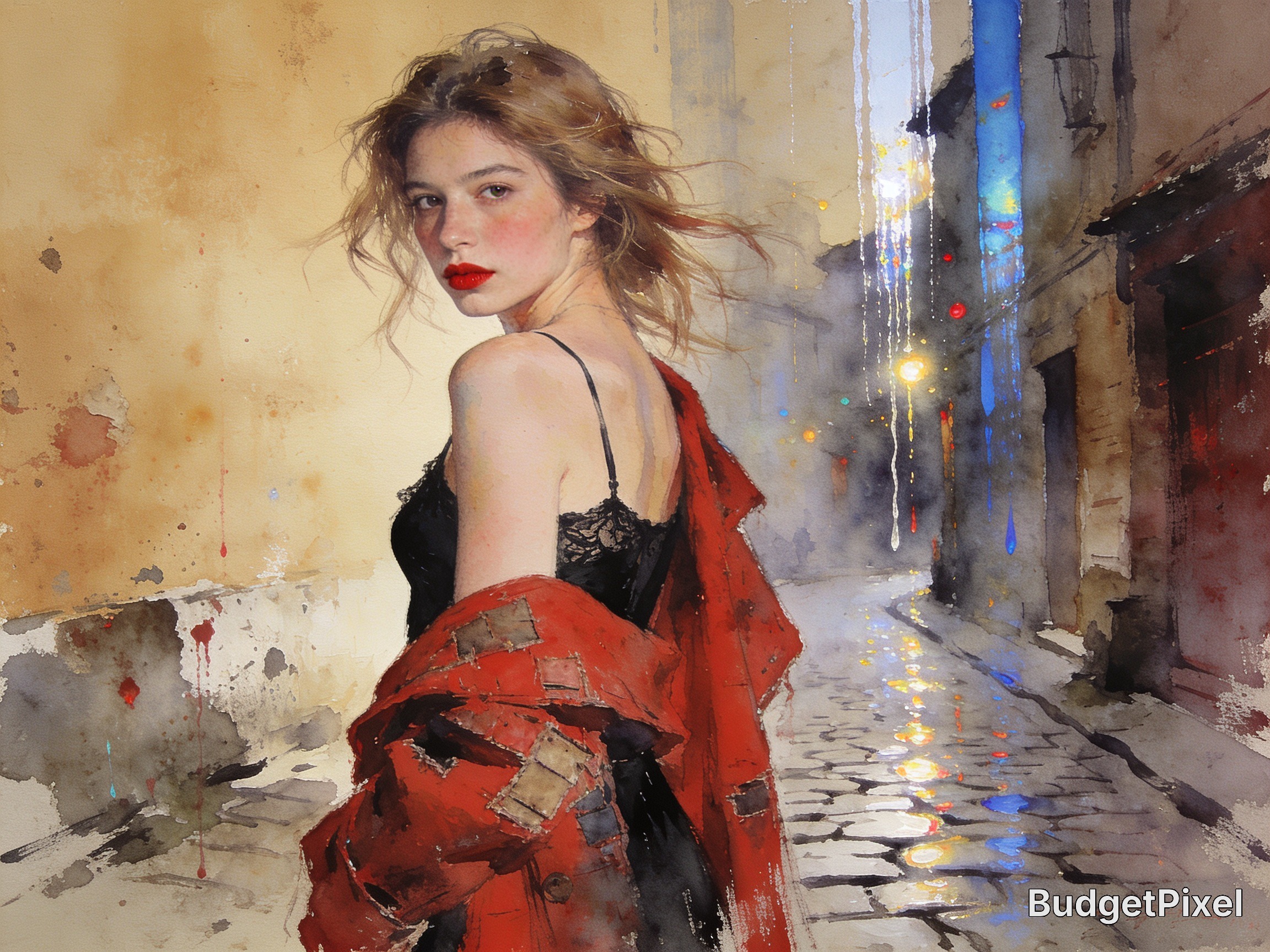 Watercolor portrait of a young woman looking over her shoulder, standing on a rainy cobblestone old town street