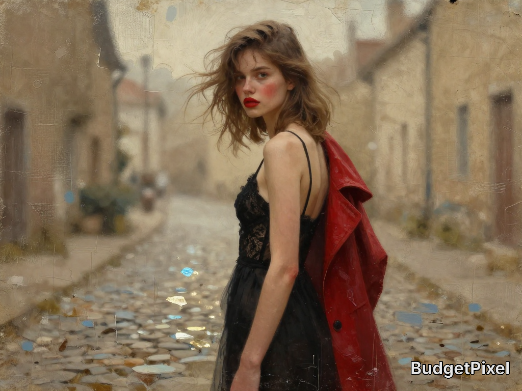 Textured painted portrait of young woman in black lace dress, red coat slung over her shoulder, standing on misty cobblest...
