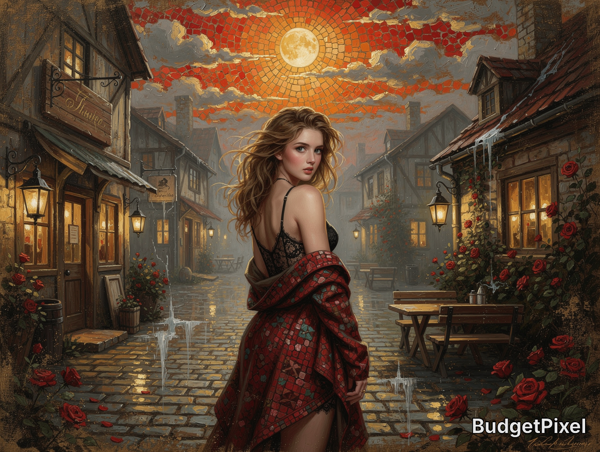 [Woman glancing over her shoulder stands on a misty medieval cobblestone street beneath a vibrant mosaic red sky with a gl...