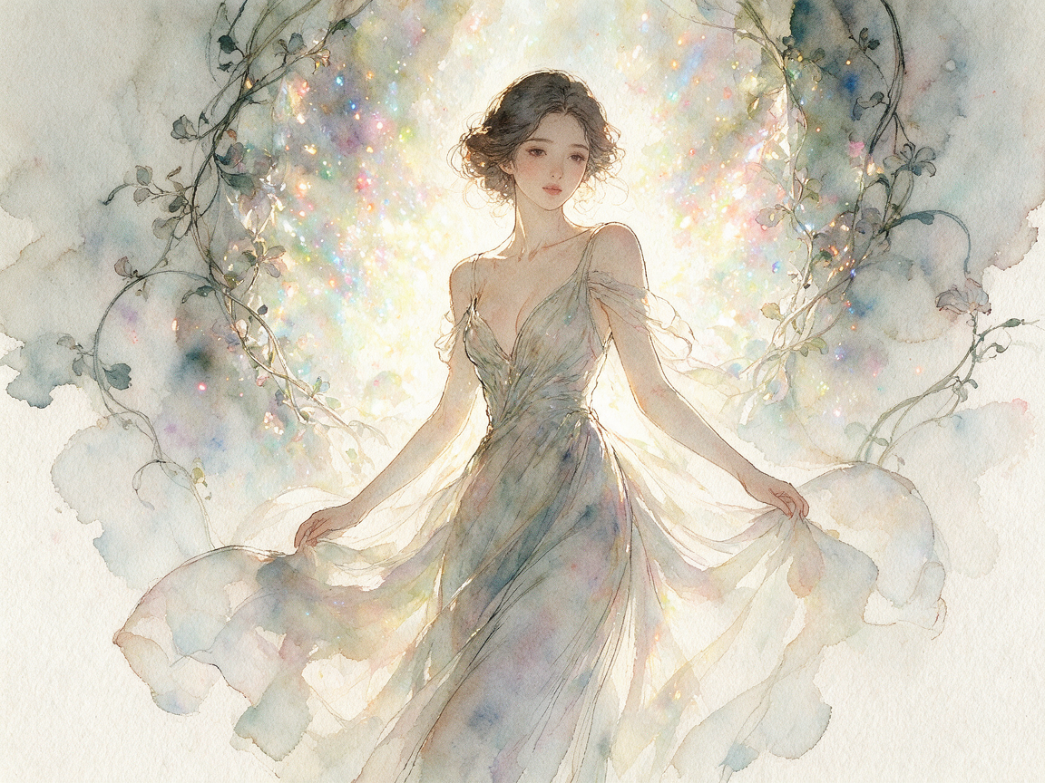 [Watercolor illustration of ethereal woman in flowing sheer gown, framed by vines against glowing sparkly iridescent backg...