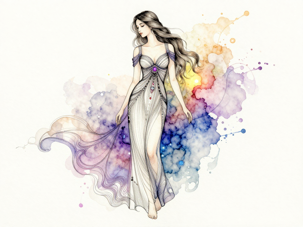 Ethereal long-haired fantasy woman in an ornate flowing gown, illustrated with fine ink line art against rainbow watercolo...