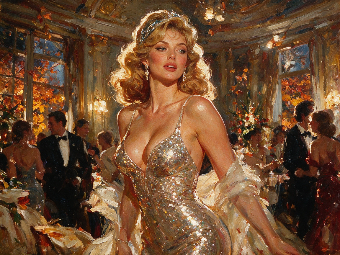 Impressionist oil painting of a glamorous blonde woman in a sparkling sequin gown at a lavish formal ballroom gala