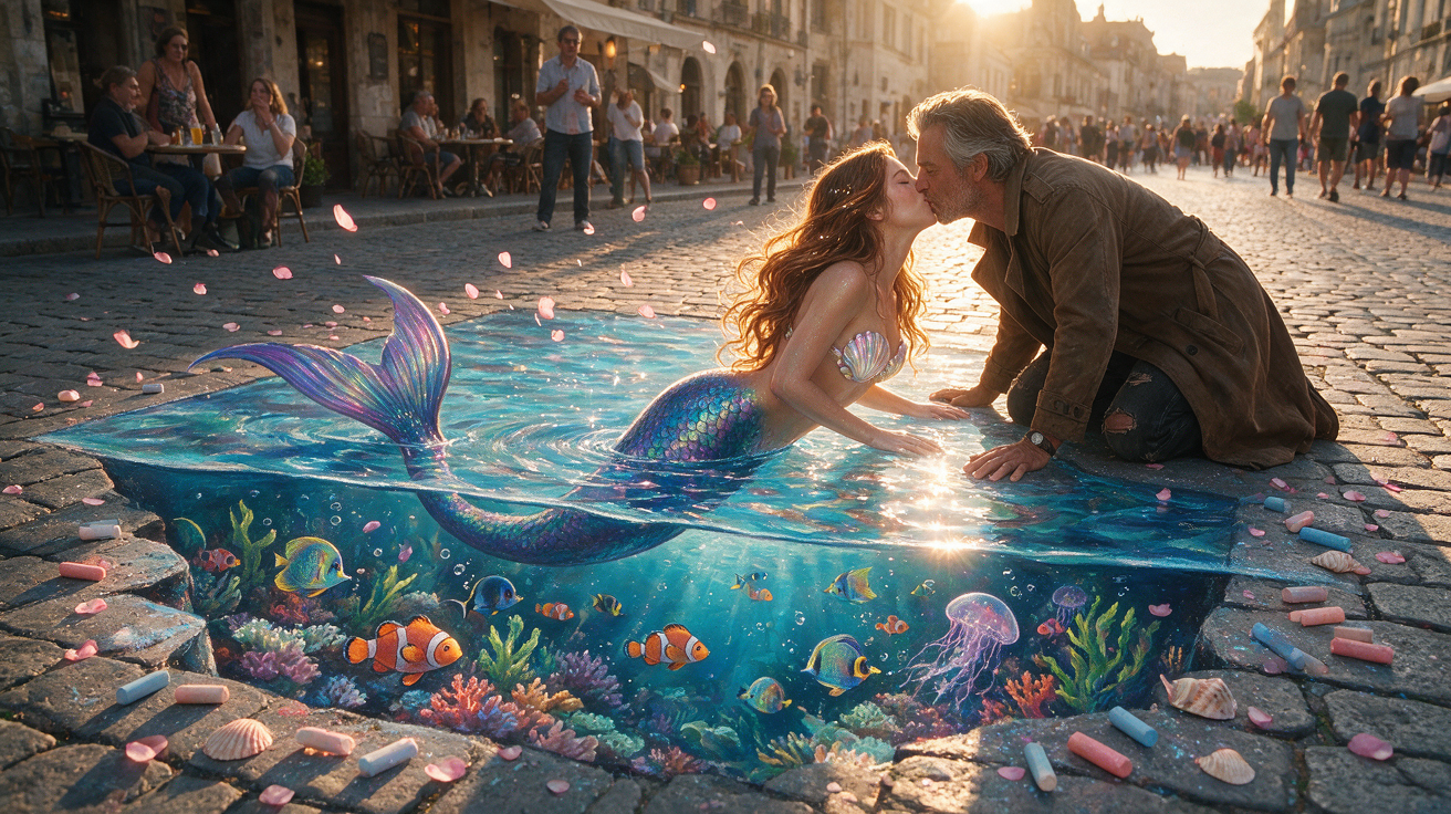 [Hyperrealistic 3D chalk street art showing a man kissing a mermaid in an illusionary pool on a cobblestone city street at...