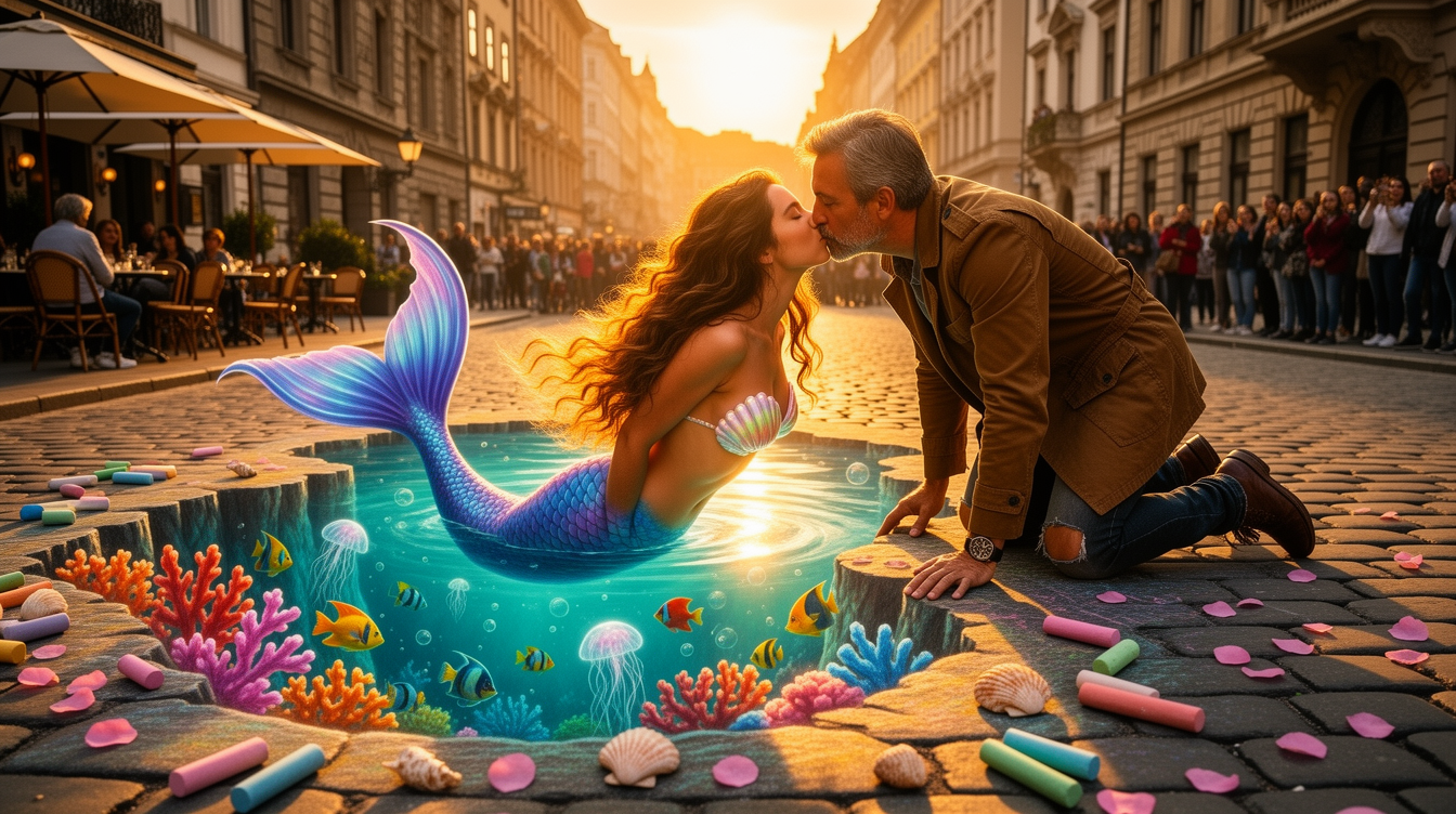 3D street chalk art showing a mermaid kissing a kneeling man, set on a sunlit historic cobblestone city street at golden h...