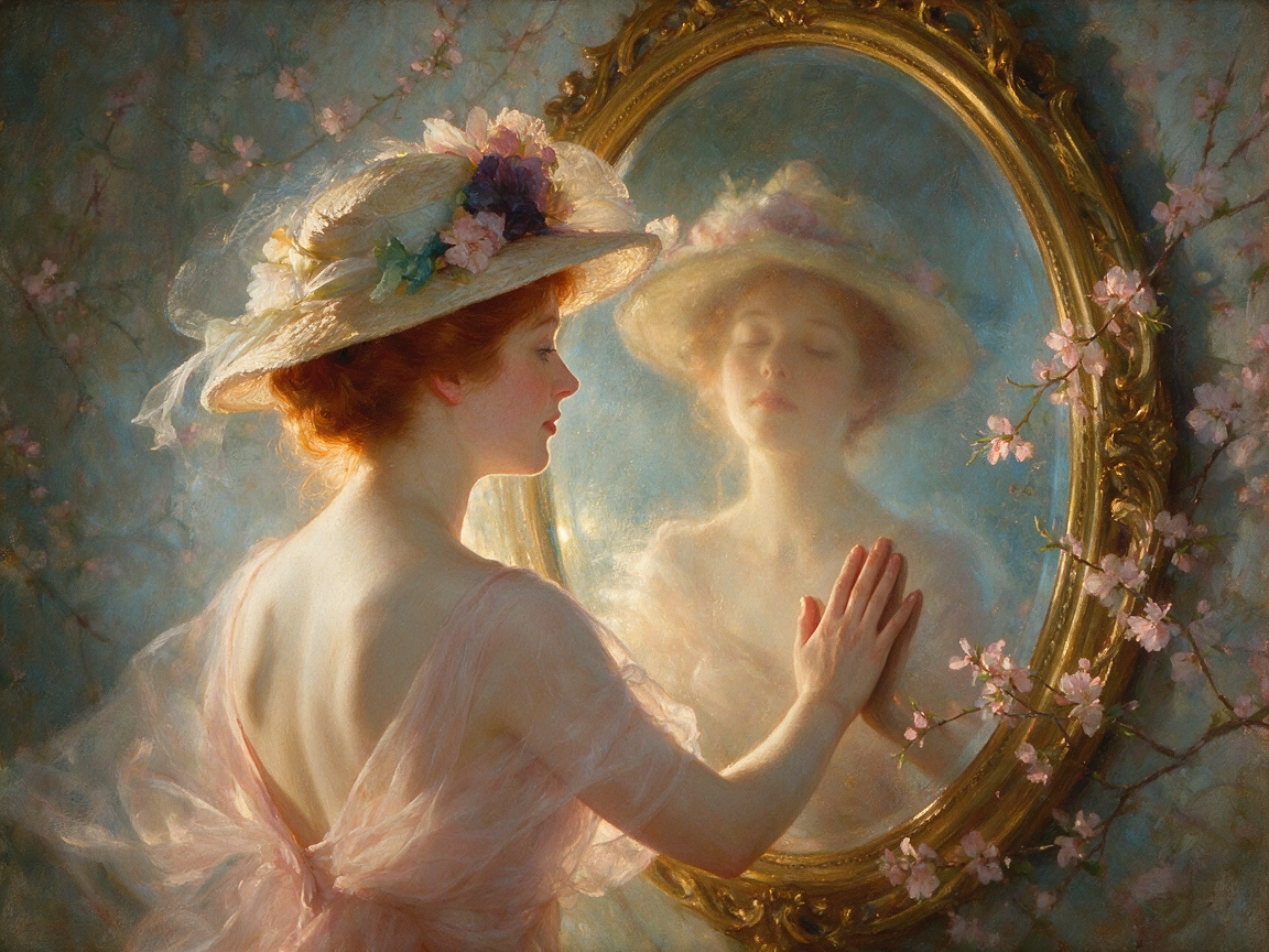 [Impressionist painting of Edwardian woman in floral straw hat gazing at her reflection in an ornate gilded mirror, framed...