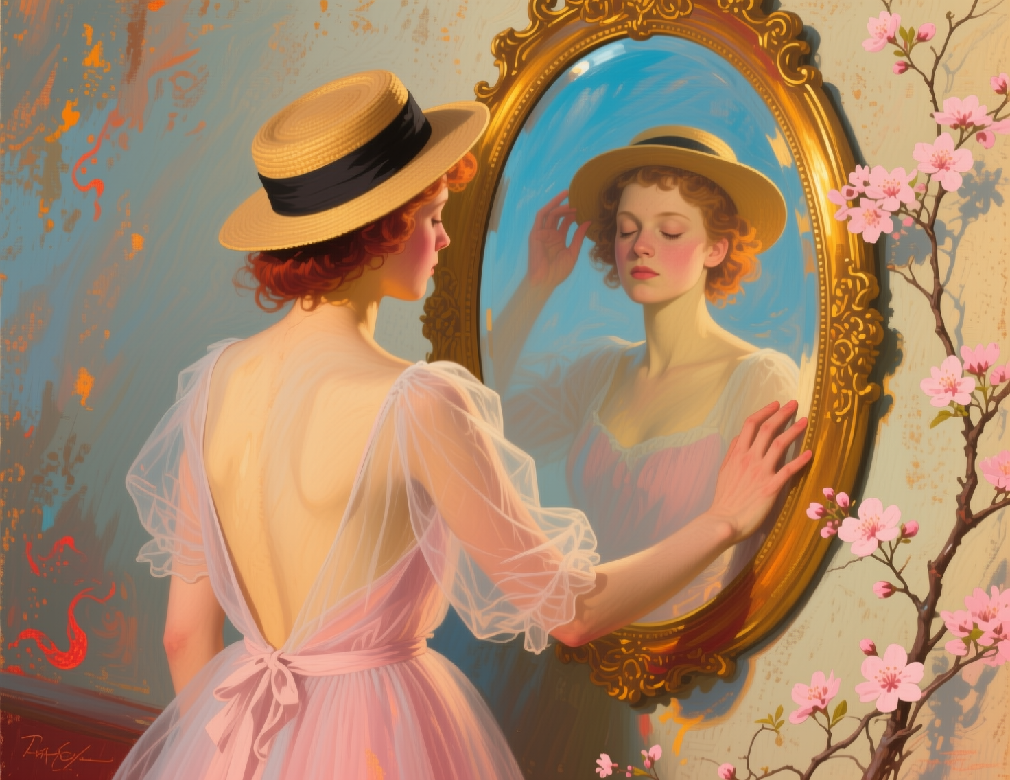 Red-haired woman in pink tulle dress and straw hat gazes at her reflection in an ornate gilded oval mirror, cherry blossom...