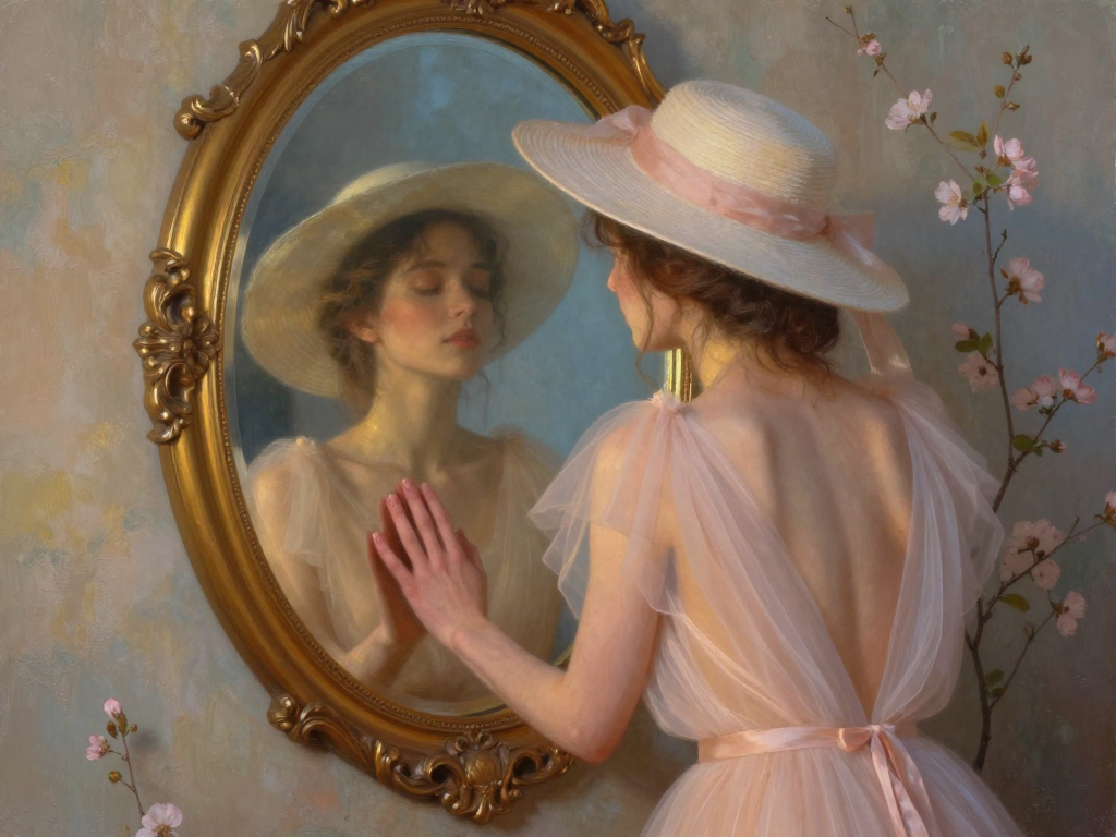[Soft oil painting of woman in a pink tulle dress and straw hat pressing her hand to an ornate gilded oval mirror, gazing ...
