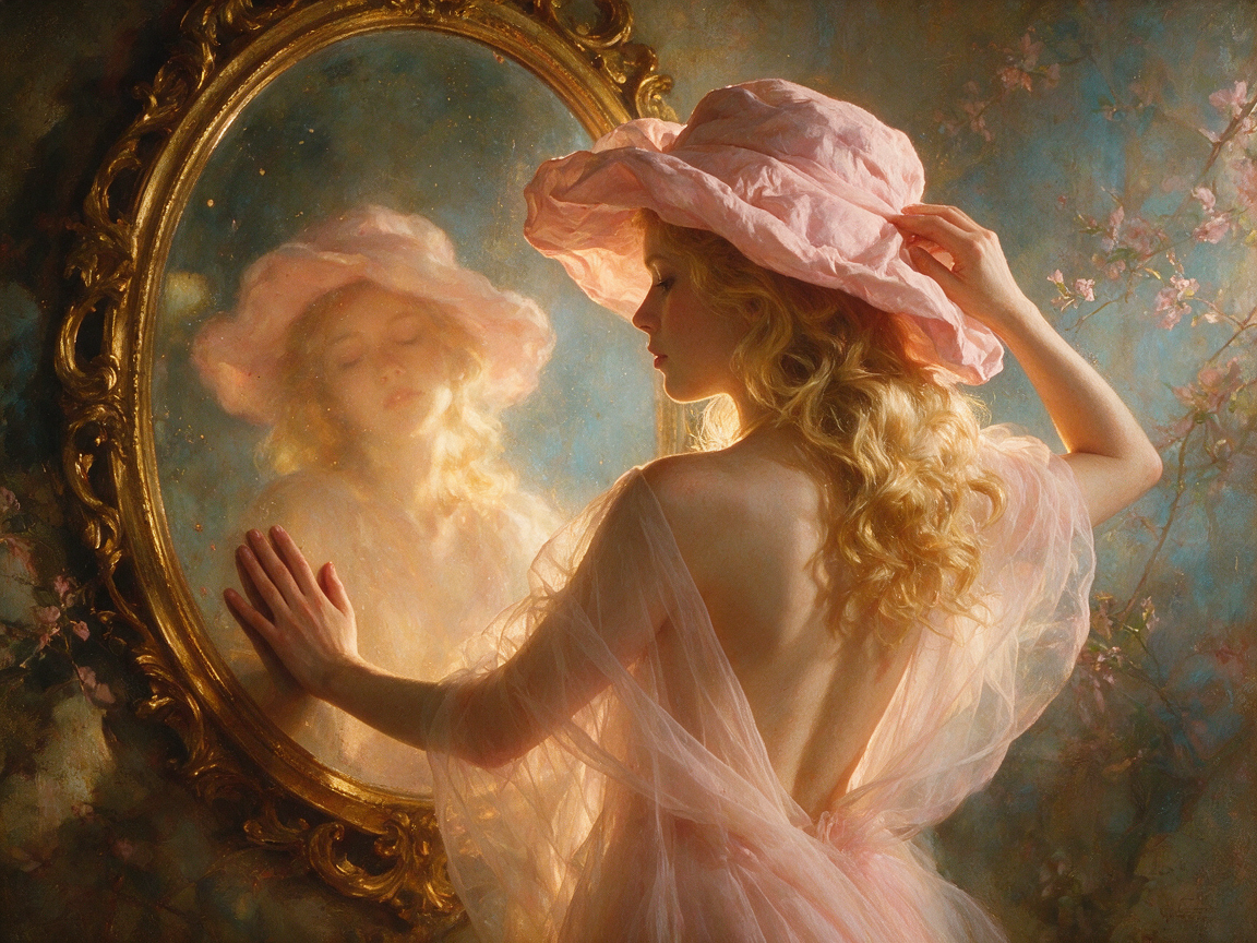 Ethereal impressionist painting of woman in pink tulle touching an ornate gilded mirror, gazing at her soft glowing reflec...