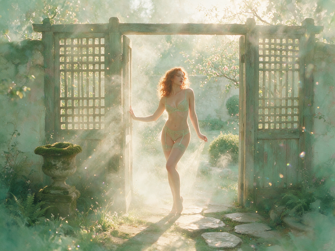 Curly red-haired woman in pale sage lingerie stands backlit by golden sunbeams at an open wooden lattice gate in a misty s...