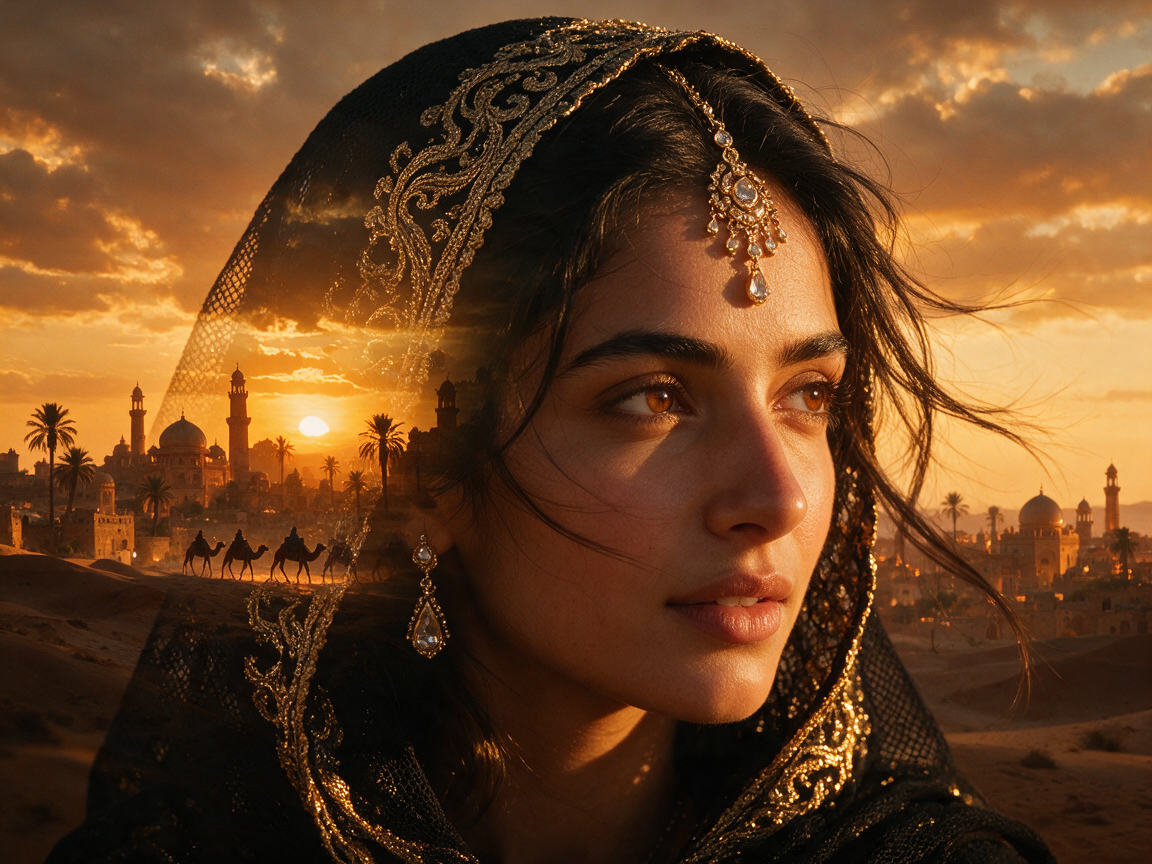Double exposure portrait of woman in ornate traditional jewelry layered over desert cityscape at golden sunset