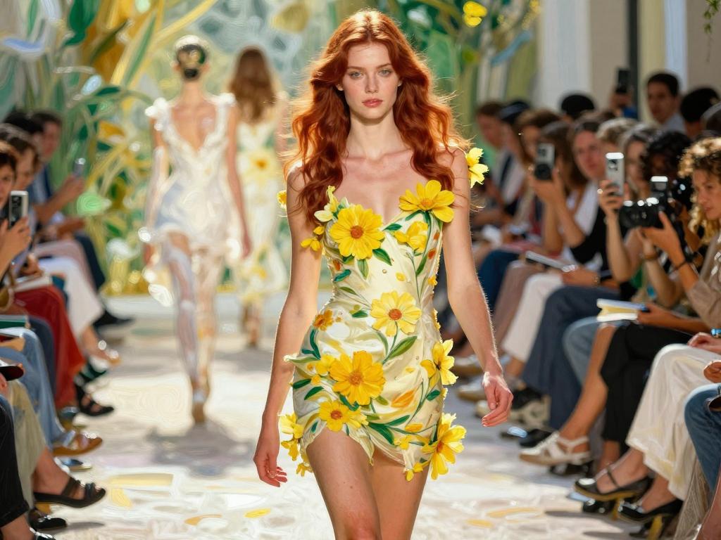 Redheaded runway model wears a 3D sunflower mini dress walking a garden-themed fashion show runway as audience takes photos.
