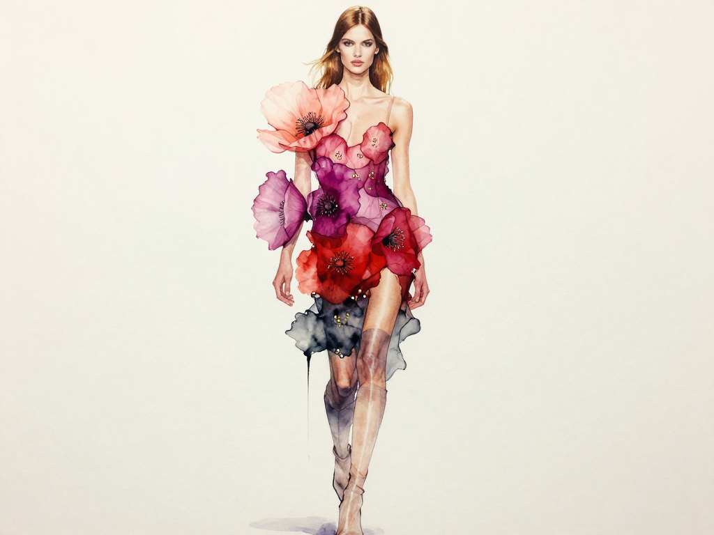 Watercolor fashion illustration of a model wearing an avant-garde 3D floral couture dress against a plain off-white backgr...
