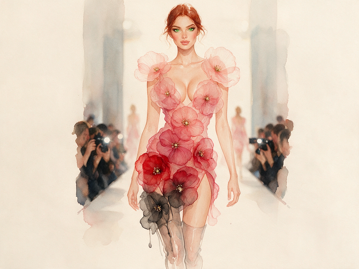 [Watercolor fashion illustration of red-haired runway model wearing sheer gradient organza flower gown walking a couture s...