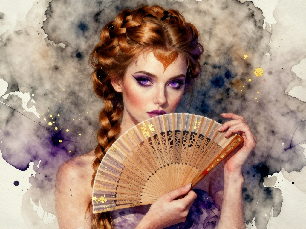 Watercolor portrait of a red-haired fantasy woman with violet eyes holding an ornate carved hand fan.