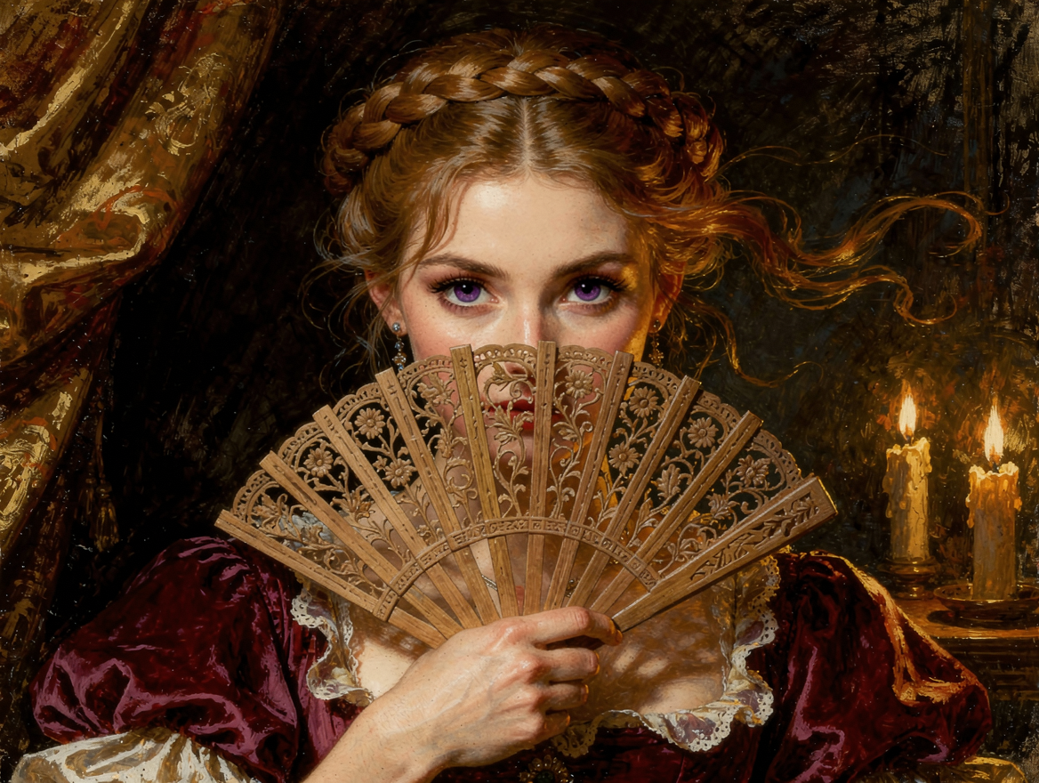Classical oil portrait of a young noblewoman with purple eyes, holding an intricately carved wooden fan partially over her...