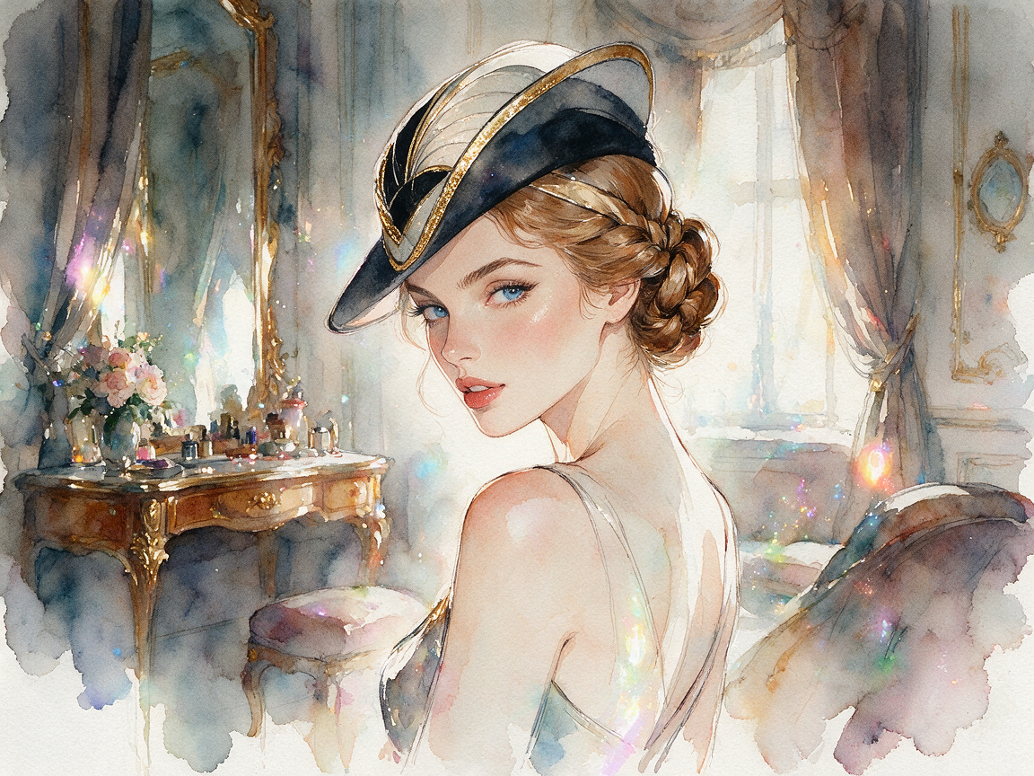 [Watercolor portrait of an elegant vintage woman in a gilded art deco hat, looking over her shoulder in a sunlit ornate bo...