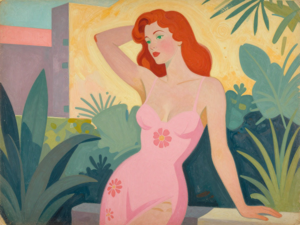 Stylized art deco painting of red-haired woman in pink floral swimsuit posing among tropical foliage on a sunny rooftop