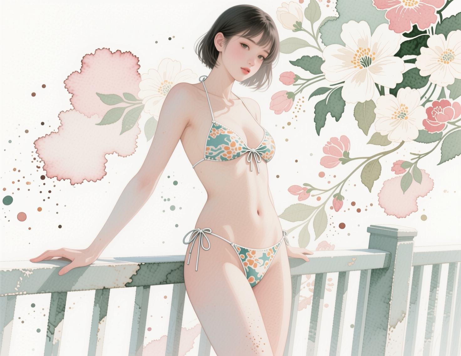 Pastel watercolor illustration of a young woman in a floral bikini leaning on a balcony railing, surrounded by soft floral...
