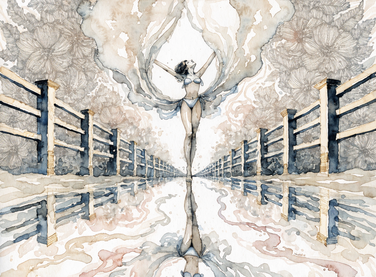 [Surreal watercolor illustration of a woman with raised arms balancing on a perfectly reflective, symmetrical endless walk...