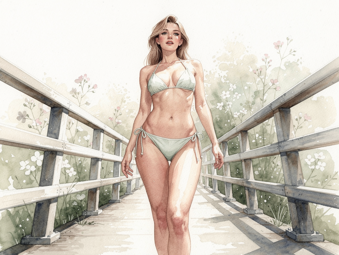 Watercolor painting of a woman in a pale mint bikini walking on a wooden footbridge lined with wildflowers.