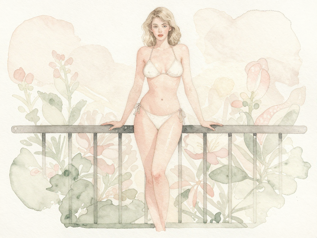 Soft watercolor illustration of blonde woman in a white bikini leaning on a balcony railing with pastel floral background
